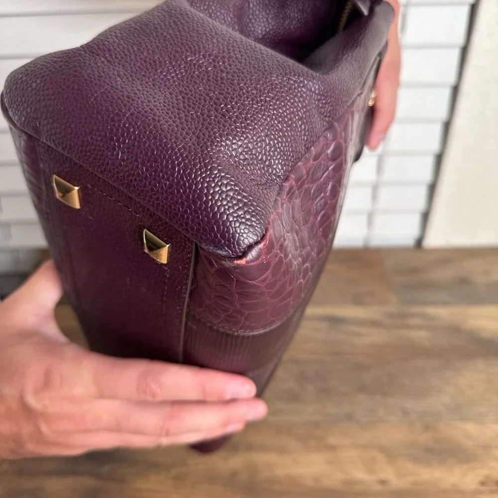 Henri Bendel Leather Patchwork Satchel Burgundy Croc Embossed Limited Edition